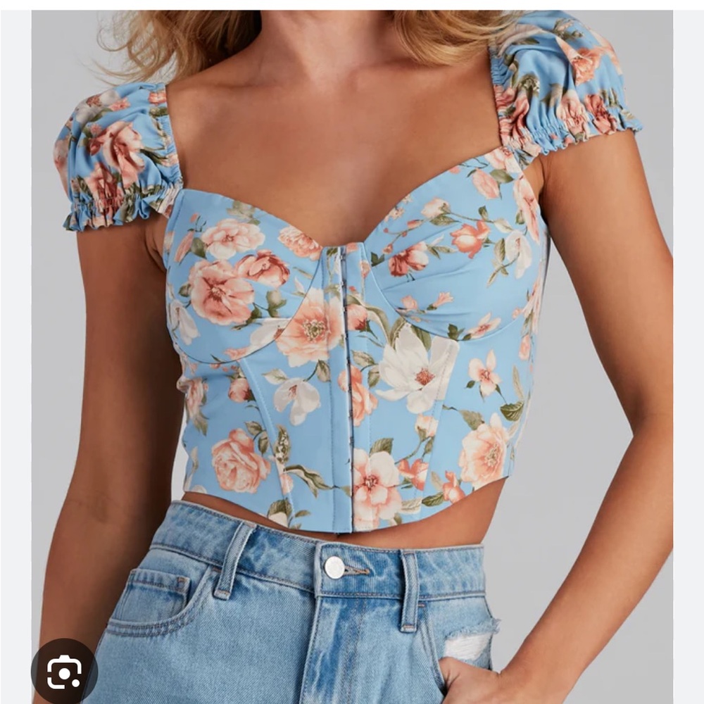 Windsor Blue Floral Sweetheart Crop Top